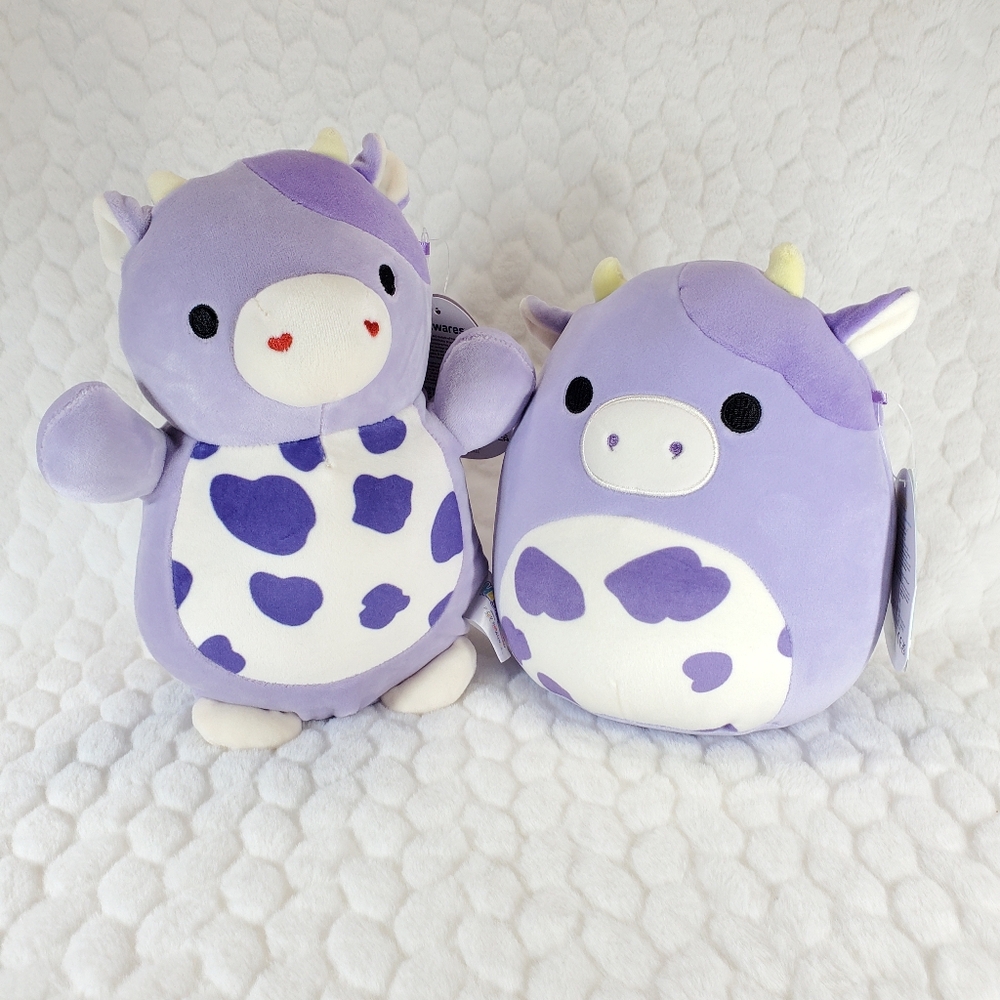 Bubba Hugmees and Squishmallows 10 Inch and 8 Inch BNWT Purple Cow Spotted Belly